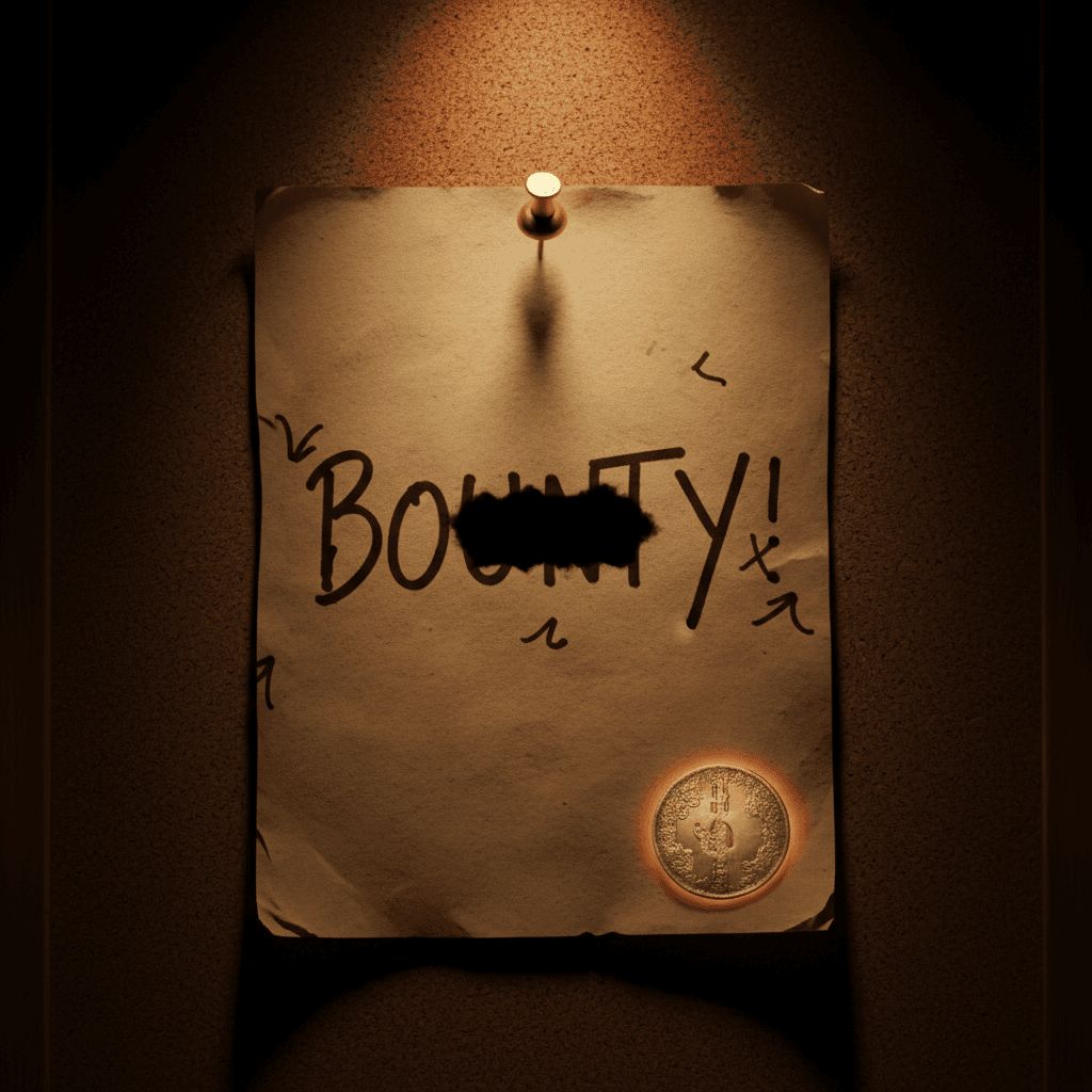 Handwritten bounty notice pinned to a dark board with one letter visibly missing and a single glowing coin on its corner; BOUTYWORK tattoo story cover
