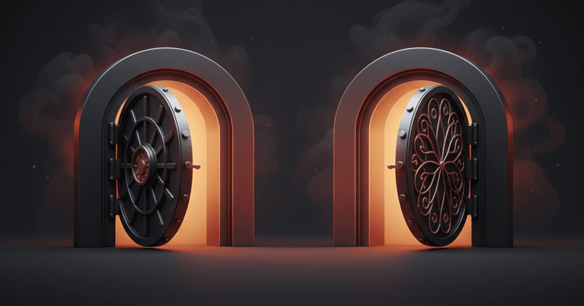 Phantom vs Solflare illustration, two Solana wallet paths converging on one self-custody key under red and amber editorial light