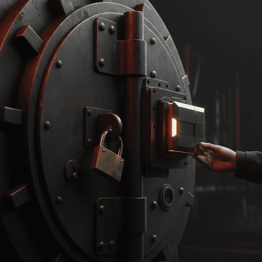 A new faintly glowing lock being mounted on a dark vault door beside an aging traditional padlock