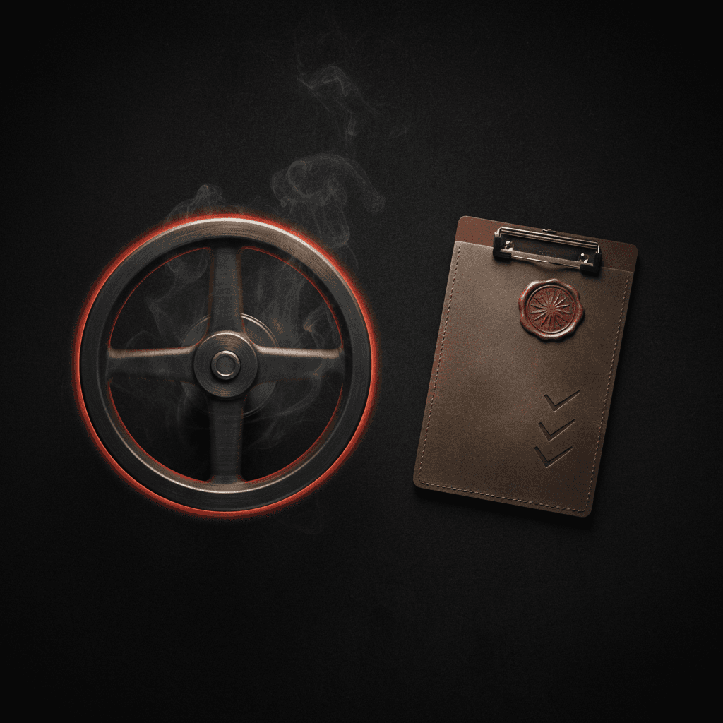 Industrial valve mid-rotation under red light beside a sealed clipboard with three checkmark glyphs